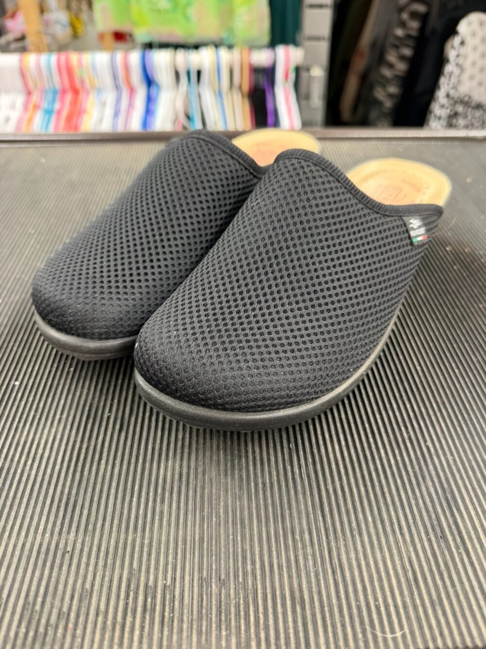 Fly Flot black mesh slip-on mules